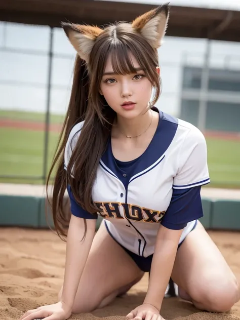 ((Highest quality, 8k)), ((masterpiece)), (Highest Resolution), Perfect Face, fox-eared woman, Female college student, Beautiful woman, Photographed in the baseball stadium, Only one tail, she has thick thighs, Her big fox tail, Her brown fox tail, She wag...