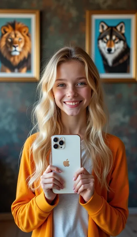 Blonde girl showing an iPhone 15 and behind her there are 3 pictures, one with a lion, the other with an eagle and the other with a wolf 