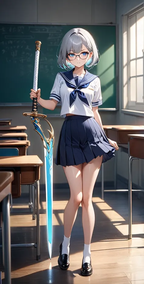 Ultra high resolution, rich colors, perfect image, best quality, detailed image, beautiful single woman, glowing skin, skin and clothing texture, delicate eyes, classroom, sailor uniform, holding sword, poised, full body, silver bob hair, blue eyes, glasse...