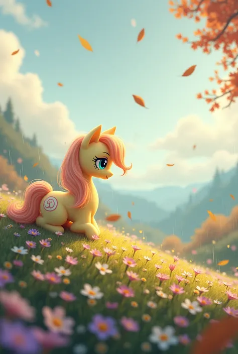 Fluttershy sitting on a hill full of flowers, while dry leaves fall on top of her, the grey sky,fluffy clouds, raining