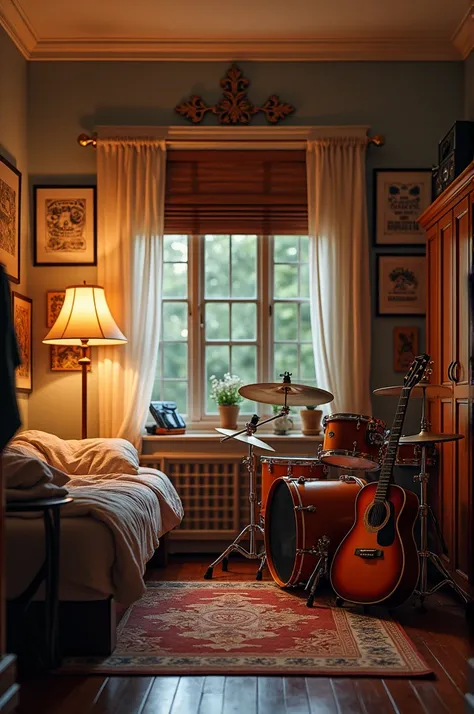 A room with a bed,wardrobe,with a guitar and a band drum set