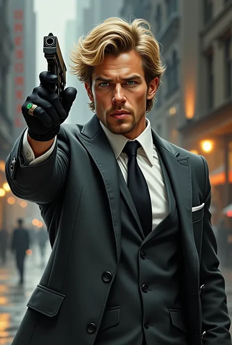 realistic drawing, and a spectacular man, extremely handsome, rubio, green eyed, super handsome, with a resemblance to hayden cristensen, with a dark grey suit, with black tie, Custom-made, some black gloves, with a silver ring with a green gem on his righ...