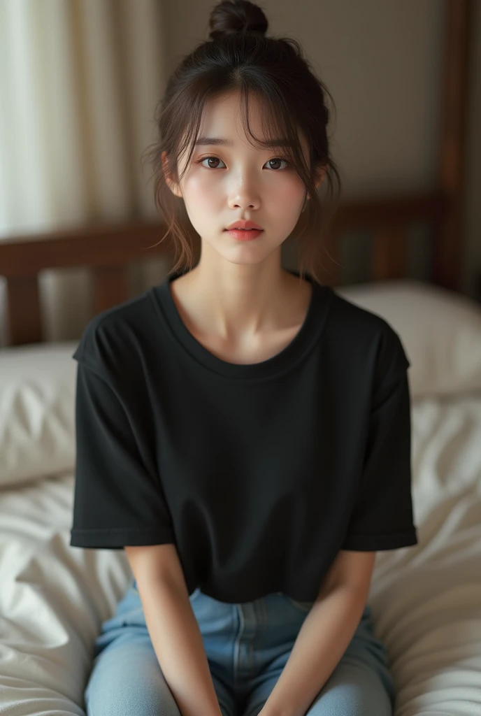 1 Korean girl in black t-shirt, brown hair tied up (photorealism:1.2) 4k sitting on a bed