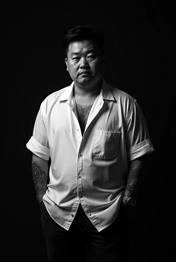 "A black-and-white photo of a slightly chubby Korean man standing against a dimly lit black background with tattoos looking intently into the camera 360°. The man is wearing a loose, unbuttoned white shirt. The light and shadow are dramatic as the shirt is...