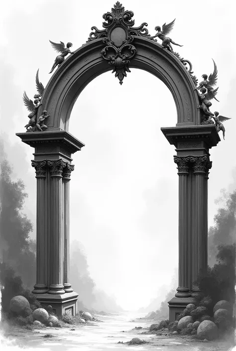 generate arch door lavish with little angels in sketch black and white detailed with the arch floating on the pillars