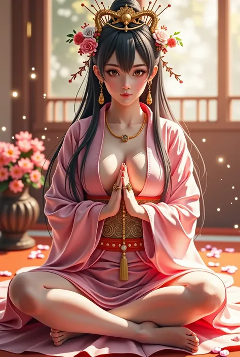 虹の龍と女god,Ultra-high resolution, Attention to detail, Highest quality, Realistic, (((日本の女god))), ((Glamour body:1.2, Sensual body:1.2, Large saggy breasts:1.3, Fatty lower abdomen:1.2)), , (See-through pink Japanese kimono), Face of woman in Japan, Baby Fac...