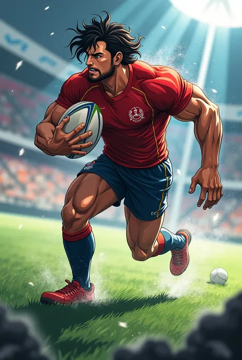  a zarihueya  (muscled body)playing rugby , anime style 