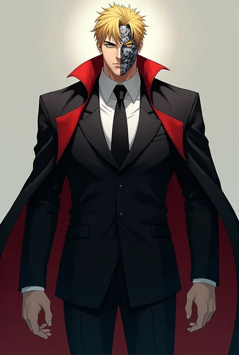 anime style character with an imposing and intimidating appearance. He is a tall man, brawny, with short blond hair and a cold, cruel look. His outfit usually consists of a smart suit or a black and red combat outfit., highlighting his aristocratic and dom...