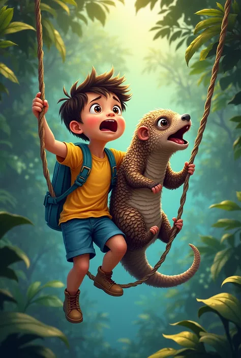 a pangolin and a young boy who wear yellow shirt and blue short pant and blue backpack who trapped into a net shouted together to get a helped from someone in the magical jungle cartoon version potrait