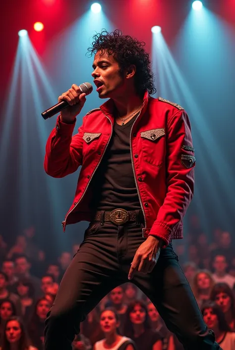 Michael Jackson　Wearing a red jacket、Singing and dancing