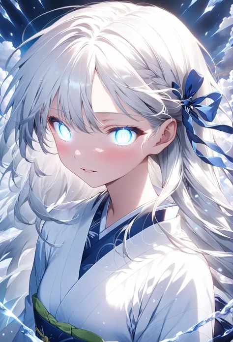 (SuperQuality:1.0) ~ (SuperQuality:1.2), anime girl, straight long white hair, silky texture, tied with ribbon, flowing hair, soft bangs, gentle expression, almond-shaped silver-white eyes, (glowing eyes:1.5), (Japanese anime style:1.5), high-quality illus...