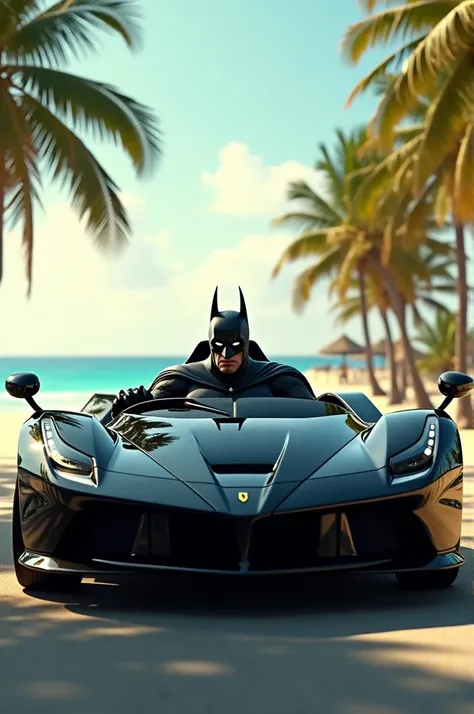 White eyed Arkham city Batman driving a Black Barchetta Ferrari in a street next to a Caribean Beaxh sunny day time