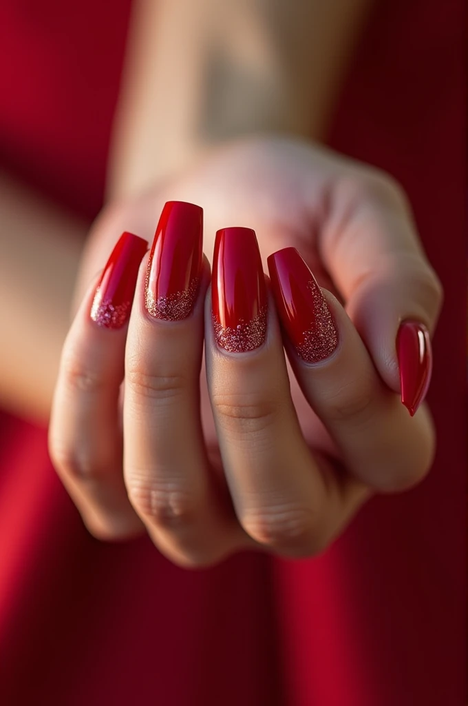 Red nail with glitter tips