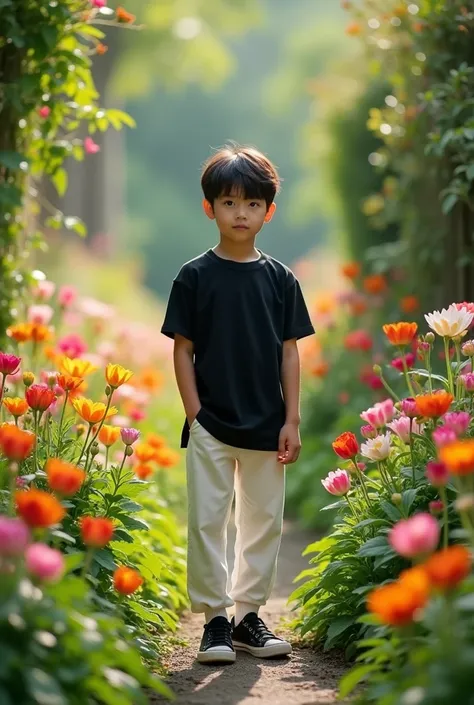 Create a Baby boy age   ,slim face ,balck hair ,wearing black t-shirt, white pants,black sneakers,standing in the middle of the garden sorrounded by beautiful flowers,8k,dlsr camera,