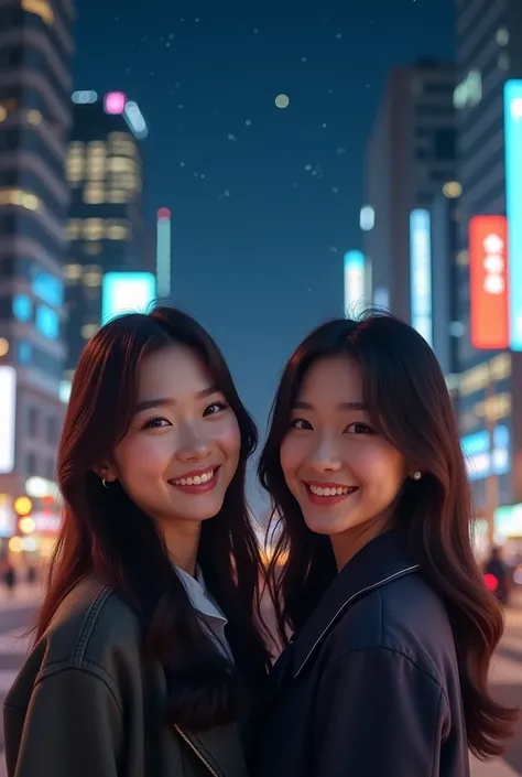 High resolution、Night cityscape background、A realistic image of two smiling Asian-Japanese women、The camera angle is a frontal bust shot.、Grab her from above the shoulders、In the background, illuminated skyscrapers and a clear night sky are visible.、live-a...