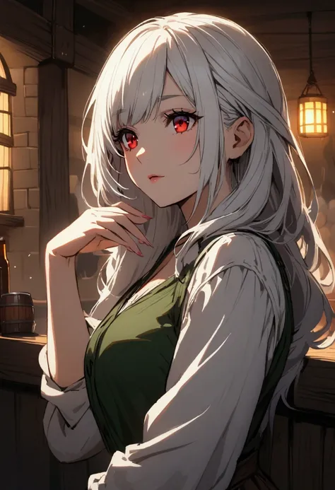 A beautiful woman with white hair and red eyes in a tavern.