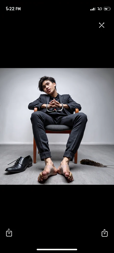 A handsome 21yo Malaysian man, Zarul, fainted and was kidnapped, his hands tied with handcuffs, wearing formal outfit but shoeless, with sweaty socked feet on a chair, and a feather tickling his feet