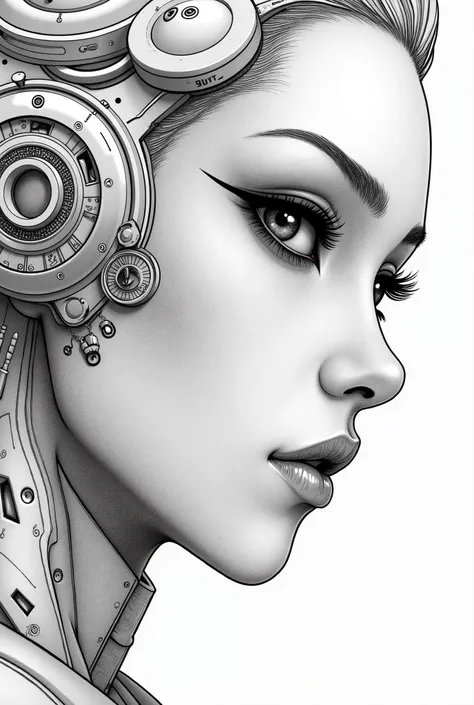 Closeup on face ,masterpiece, best quality, ultra-detailed,((geisha)) ,cybernetica,cybernetic parts,line art