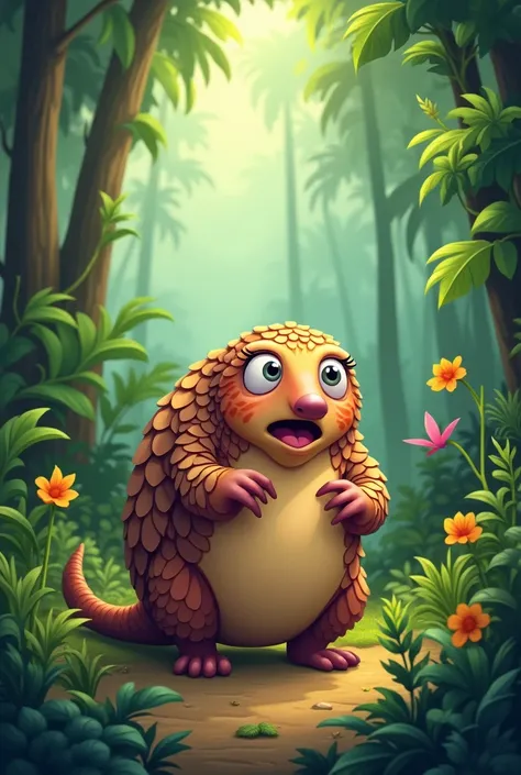 a round pangolin shocked face  and anxious face in the  jungle cartoon version potrait