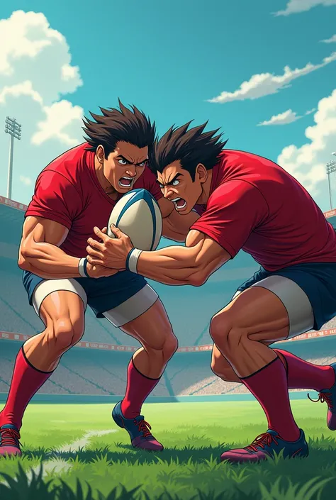 Bull team playing rugby (3players)  , anime style 