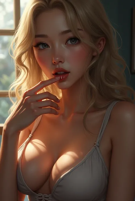 A beautiful woman who licks her own fingers with her tongue to erotically entice a man. one beautiful Japanese woman. Blonde hair. Long wavy hair gray eyes. Gray eyes. Large, well-shaped breasts. A narrow waist. Large eyes. Droopy eyes. Drool. Erect nipple...