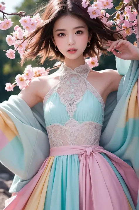 Dried flower、Beautiful Japanese Girls。Pastel colors create a unique artistic atmosphere.、Creating a high-quality feminine image。She has her own fashion style、Dressed in vibrant, soft pastel-colored outfits。Against the backdrop of a fantastic and magical la...