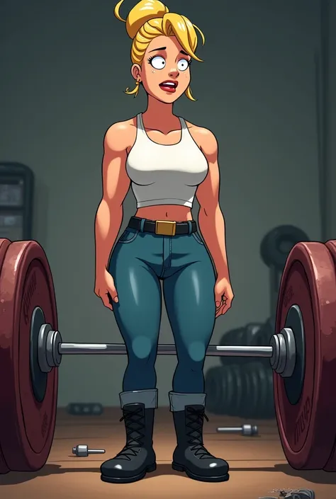 A tall, buff female Family Guy character that has blonde messy bun, wearing a white tank top, blue jeans with a black colored belt, and black boots deadlifting 515 pounds. 