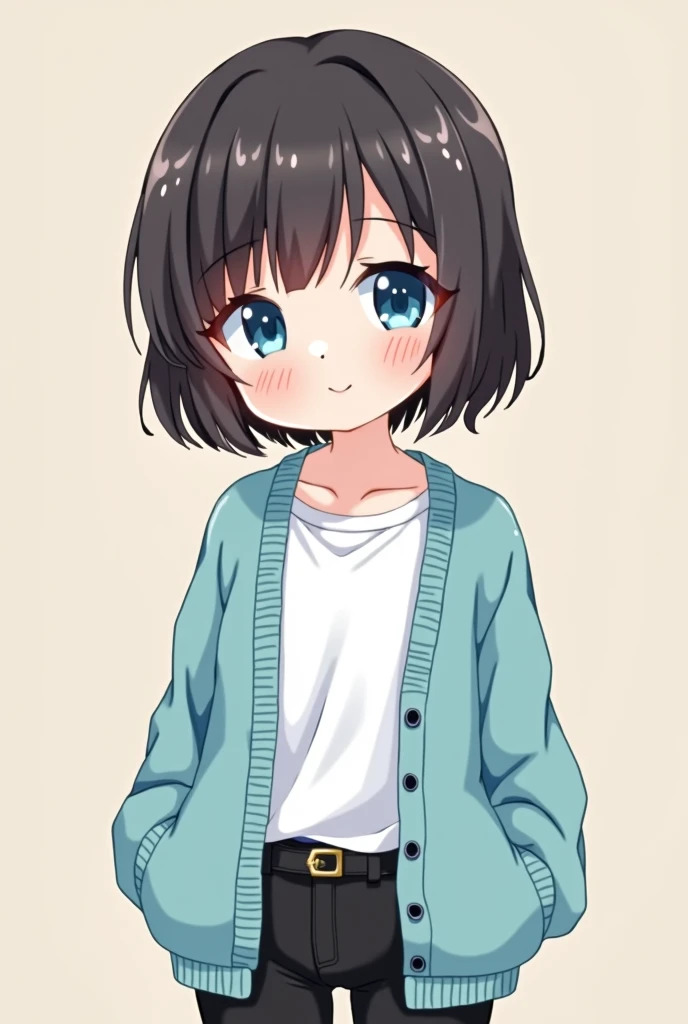 Gender。Eyes are light blue。Hair is short。Her face is cute。The outfit is a white T-shirt and a light blue cardigan.。Pants are black。The size is a mini character