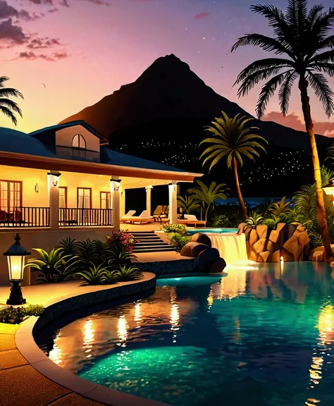 a beach villa on an island with palm trees a swimming pool with sunset at dusk street lamps and candle a mountain background a realistic waterfall, 8k