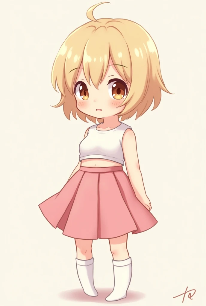 cute anime flat chested skinny boy with blonde hair and big brown eyes wearing a pink skirt, white crop top and white knee socks, blushing, clearly embarassed.