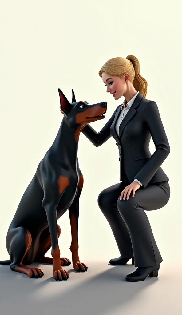 3d、Ultra HD、Front view、There is a shadow、Digital Art、Background is white、Photorealistic、A blonde woman in a suit and a black Doberman smiling、A woman in a suit has her hair tied back、A blonde woman in a suit is stroking the head of a black Doberman、Photore...