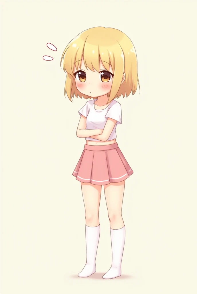 cute anime flat chested skinny  with short blonde hair and big brown eyes wearing a pink skirt, white crop top and white knee socks, blushing, clearly embarassed.