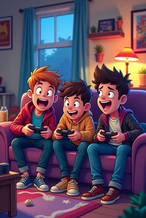 Create a vibrant and funny image of friends playing video games 3 boys on a couch 