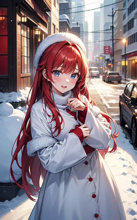 she is my lover。Kissed a beautiful girl。she is wearing a white santa costume。Snow-covered street corner、Christmas blessings rained down in the form of light.。Red Hair，