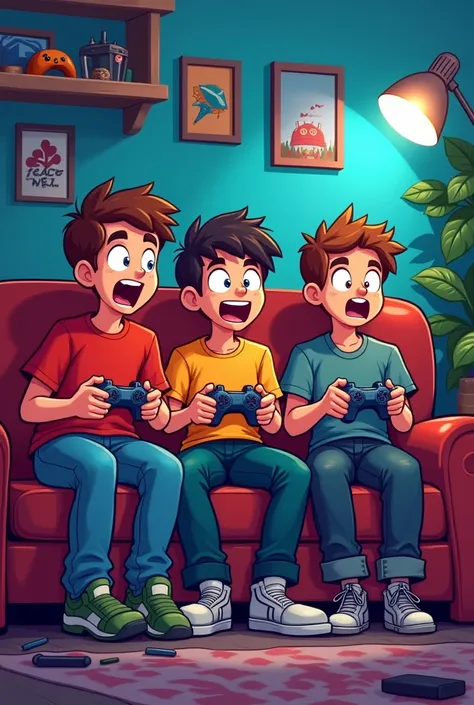 Create a vibrant and funny image of friends playing video games 3 boys on a couch 