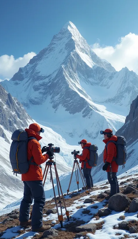 Scientists Measuring Everest
"Scientists in the Himalayas using GPS equipment to measure Mount Everest’s height. They are standing on a rocky terrain with patches of snow, while the peak of Everest rises in the distance. Modern equipment is visible, with c...