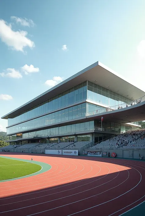 a partir du logo decathlon, je veux : 
- une salle de sport en baie vitrées, sur plusieurs étages 
- une piste dathlétisme, celle ci doit passer devant le bâtiment 
- je veux une partie du bâtiment sur pilotis, afin de mettre des gradins couvert dessous. 
...