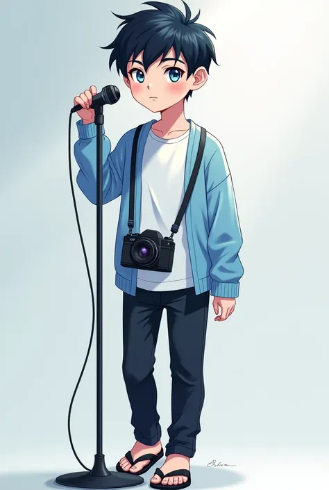 Gender。Eyes are light blue。Her hair is short and black.。Singing and holding a microphone。Handsome face。The outfit is a white T-shirt and a light blue cardigan.。Pants are black。The size is a mini character。Camera on neck。Shoes are black sandals