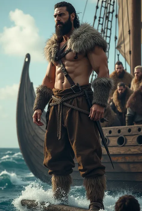 A fit fighter man, with black hair and stubble. He wears brown pants with suspenders and furs tied to his legs.. He also wears a wolf headdress and furs on his shoulders and back.. On a huge ship on the high seas, There must also be 14 more very strong and...