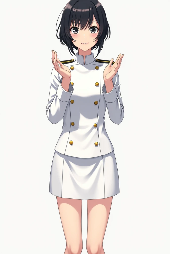 Stylish anime characters、Please make one for a black-haired teenager。I need a full character.、The uniform is traditional white naval uniform.。My whole body and hands are out of my pockets.、You need to stand still with your hands facing up。

