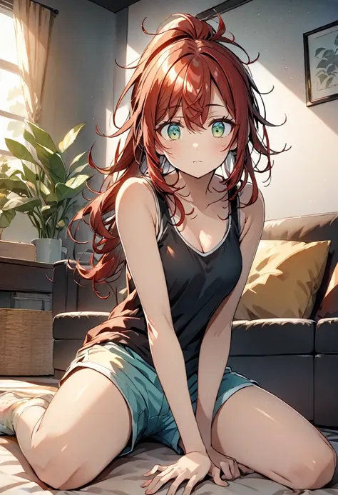 One anime-style woman, Red hair, Long Ponytail, Green Eyes, Sleepy eyes, Messy hair after waking up, Tank top, shorts, Morning living room