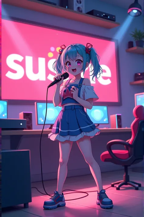 A anime girl singing in her gaming room holding a mic and there is written sushrie