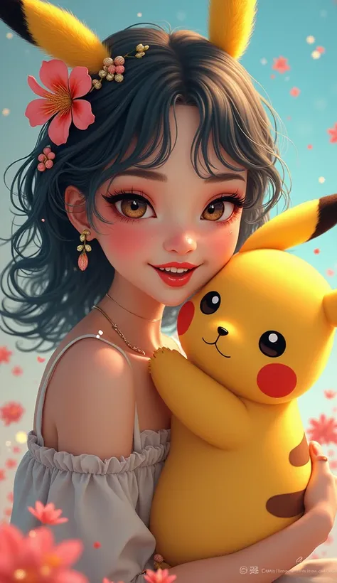 Cute woman with Pikachu、Heavy makeup, Illustration, 3D Rendering, anime, 