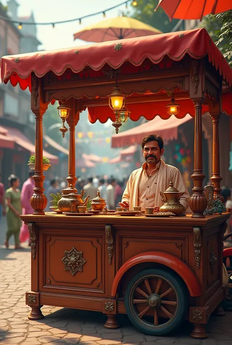 Show me a Indian guy selling tea from his moveable tea stall . The tea stall should be clear in the image and the tea stall is a high budget stall.

