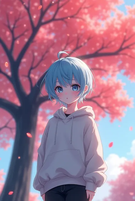 1girl, boyish pastel blue hair, blue eyes, white skin, wearing pastel blue hoodie, black pants, standing below a glowing red sakura tree, absurdres, high res, ultrasharp, 8k, masterpiece, looking at viewer