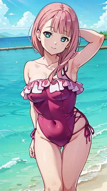 ((Highest quality)), ((masterpiece)), (detailed), Perfect Face, Perfect Arms, Perfect hands, Perfect Fingers, anime, Ultra-fine illustration, (One girl), cute, One Shoulder One Piece Swimsuit, Pink Hair, Hair tied up, ((sunglasses)), Glamorous figure, Larg...