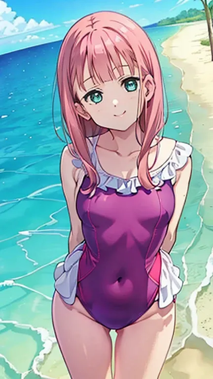 ((Highest quality)), ((masterpiece)), (detailed), Perfect Face, Perfect Arms, Perfect hands, Perfect Fingers, anime, Ultra-fine illustration, (One girl), cute, One Shoulder One Piece Swimsuit, Pink Hair, Hair tied up, ((sunglasses)), Glamorous figure, Larg...