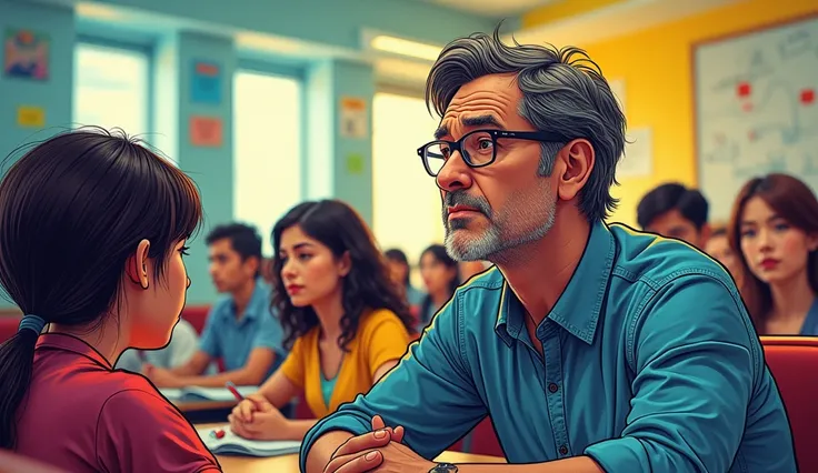 Scene Description: A bustling university classroom filled with engaged students and animated discussions. In the foreground, a respected professor, dressed in a casual shirt and glasses, observes a gloomy student. The student, wearing casual attire, sits a...