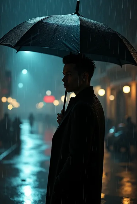 In the rain、Bruno Mars standing with an umbrella