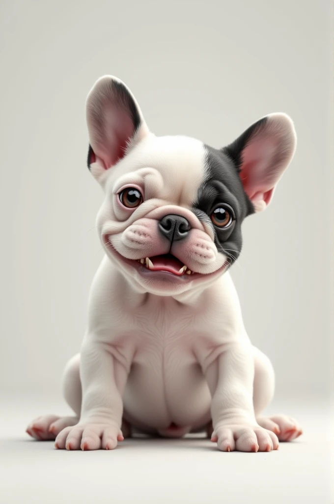 White baby French bulldog with a black spot on the left side, angry 